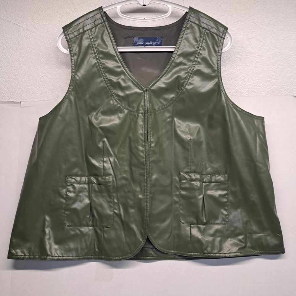 SUSAN GRAVER Military Green Leatherette Lined Vest Women's XL